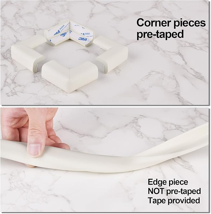 Baby Proofing Edge and Corner Guards, Safety Furniture Bumper with 3M Double-Sided Tape,16.40ft Edge + 4 Pre-Taped Corners Baby Corner Protector for Fireplace, Table, Stair, Cabinet (Beige White)