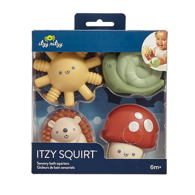 Itzy Ritzy Water-Squirting Sensory Bath Toys – Soft, Textured & Easy to Squeeze for Babies & Toddlers – Characters for Fun & Motor Skill Development - Set of 4 Includes Sun, Snail, Mushroom & Hedgehog