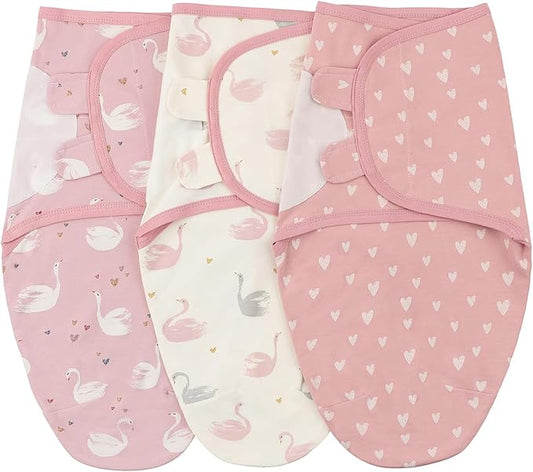 insular Baby Swaddle Wrap, Swaddle Blanket for Newborn and Infant, Adjustable Velcro Swaddling Set for Boy and Girl, Soft Cotton Baby Sleep Sack 3 Pack, Pink Swan, Medium(3-6M)