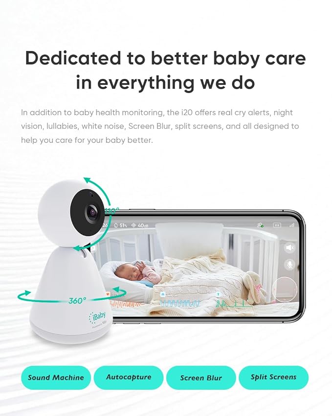 iBaby i20 Smart Baby Monitor & Wall Mount - 1080P Video Camera, Contactless, Monitor Heart Rate, Breathing & Sleep,Sound Machine, No Subscription, 2-Way Audio, Cry & Safety Alerts, Night Vision