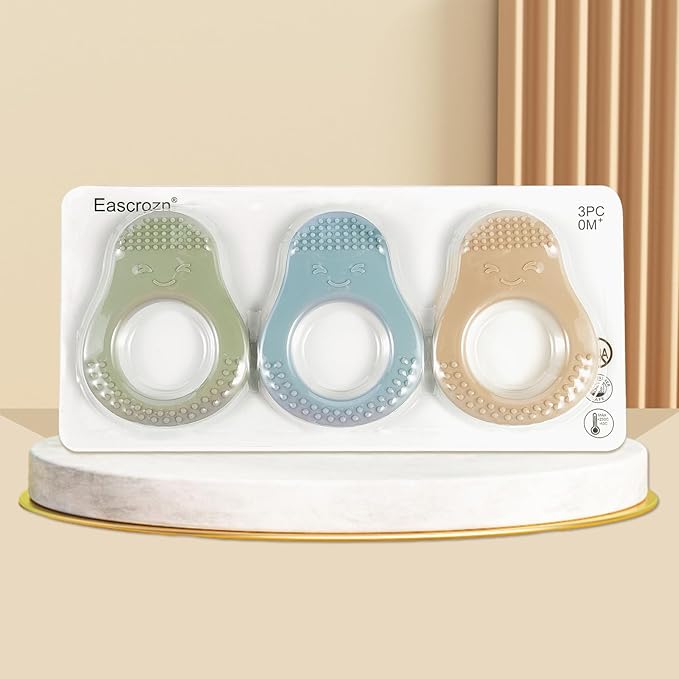 Baby Teething Toys - 3 Pack Teethers for 3-6 & 6-12 Months, Avocado Shape Silicone Teether with Easy to Hold, BPA Free
