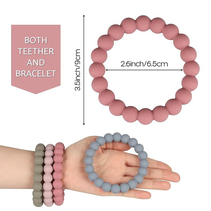 Baby Teether Rings, 100% Silicone Teether Bracelets for 3m+ Babies to Self-Soothe, BPA Free & Phthalate Free - Includes 4 Neutral Baby Rings