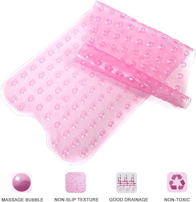 Linoows Bathtub and Shower Mats, Extra Long Non-Slip Bath Tub Mat 39 x 16 Inch, Machine Washable Bathmat with Suction Cups & Drain Holes for Bathroom Floor, Clear Pink