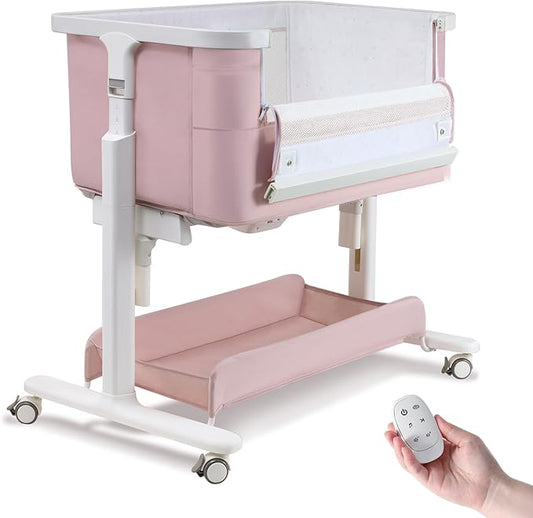 Electric Bassinet Baby Cradle 3 Rocking Motion, 3 in 1 Baby Bassinets for Newborn with 5 Heights Adjustable, Girl/boy Automatic Rolling Bedside Sleeper, Pink