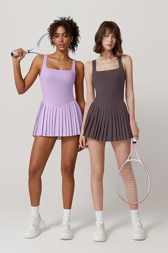 QINSEN Womens Square Neck Tennis Dress Pleated Sleeveless Built in Shorts Golf Athletic Dress with Pockets