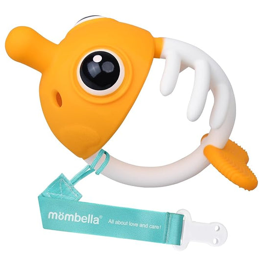 Teething Toys 3-6 Months with Pacifier Clip,Soft Silicone Clownfish Teethers for Babies 6-12 Months,Baby Chew Toys for Teething Relief,Sensory Development,Easy to Grip,BPA-Free(Saffron)