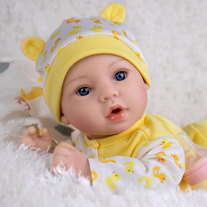 Aori Realistic Reborn Baby Dolls - 18 Inch Lifelike Newborn Girl Doll with Yellow Outfit & Feeding Set, Gift for Girls Kids Toddlers