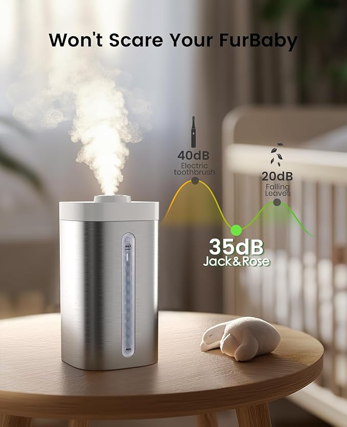 Jack & Rose Stainless Steel Humidifier, Easy to Clean, Dishwasher Safe, Cool Mist Humidifiers for Bedroom