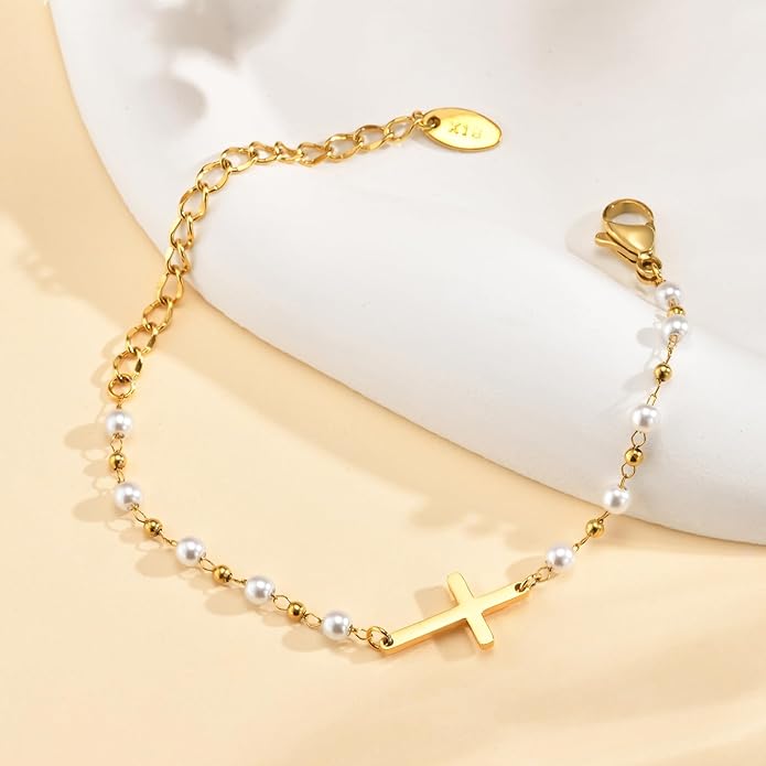 Baby Baptism Cross Bracelet Gift : 18k Gold Plated/Silver Delicate Pearl Cross Bracelets Kids Daughter Granddaughter Birthday First Communion Confirmation Gifts Christian Jewelry for Boys Girls