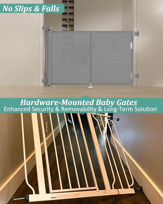 Upgraded 50" Retractable Baby Gates with Reinforced Strip Design to Prevent Crawling Through, 34" Tall Retractable Dog Gate, Retractable Gates for Stairs, Doorways, Hallways