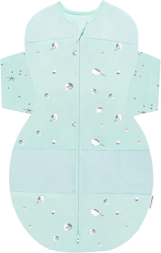 Happiest Baby SNOO Sleep Sack - 100% Organic Cotton Baby Swaddle Blanket - Doctor Designed Promotes Healthy Hip Development (Teal Planets, X-Large)