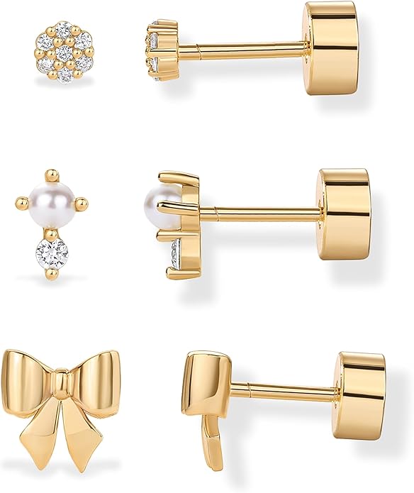 PAVOI 14K Gold Plated Dainty Flat Back Earrings for Women - Hypoallergenic Sterling Silver Posts Helix Cartilage Piercing Jewelry - Emoji Motif Bow Celestial Flatback Gold Stud Earrings Screw Back