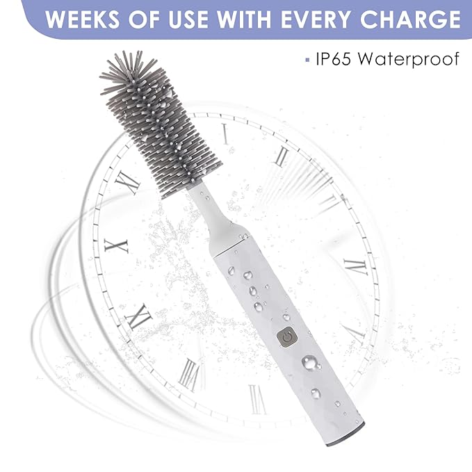 Electric Baby Bottle Brush Set with Electric Bottle Brush and Silicone Bottle/Nipple Brush, Long Straw Cleaner, Rechargeable Bottle Cleaner Electric,Waterproof Water Bottle Cleaner,White