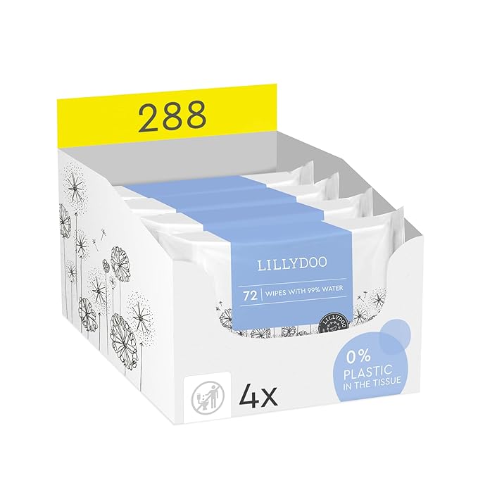 Hypoallergenic & strong Baby Wipes with 99% Water, Unscented & Plastic-Free, 4 resealable Packs (288 Wipes Total)