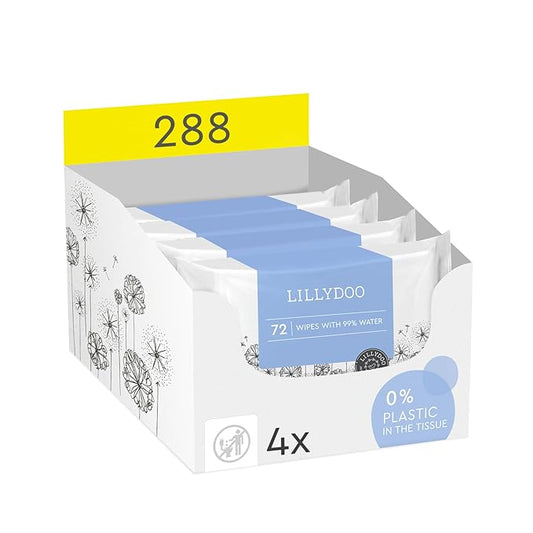 Hypoallergenic & strong Baby Wipes with 99% Water, Unscented & Plastic-Free, 4 resealable Packs (288 Wipes Total)
