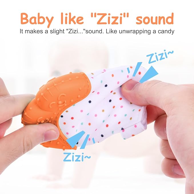 Vicloon Silicone Teething Mitt, 2Pcs Baby Teething Mitten, Baby Teething Toy with Adjustable Strap, Crinkle Sound and Textured, Baby Teething Mitten Self Soothing Baby Chew Toys for 0-6month Infants