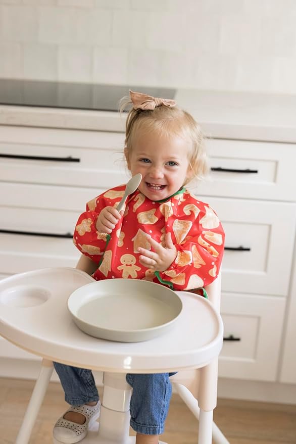 Tiny Twinkle Mess Proof Baby Bib,Waterproof Smock Baby Bib for Eating,Machine Washable Long Sleeve Bib,Baby Led Weaning,Toddler Bib Gingerbread, Small 6-24 Months