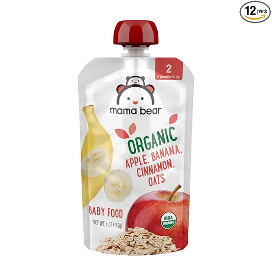 Amazon Brand - Mama Bear Organic Baby Food, Stage 2, Apple, Banana, Cinnamon, Oats, 4 ounce (Pack of 12)