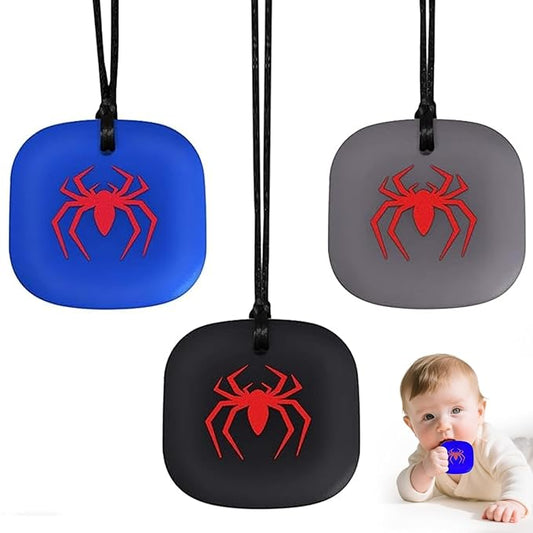Chew Necklaces for Sensory Kids, 3 Pack Sensory Toys Silicone Chewy Necklace Sensory for Babies Toddlers, Baby Teething Toys for 0-24 Months Oral Motor Stimulation (Spider)