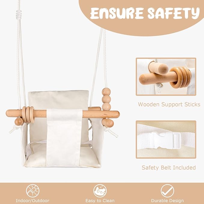 Baby Swing Outdoor Indoor Toddler Swing Seat with Safety Belt, Canvas Hanging Swings Outside Tree Swing Great Gift for Baby Boys Girls Kids Lovers