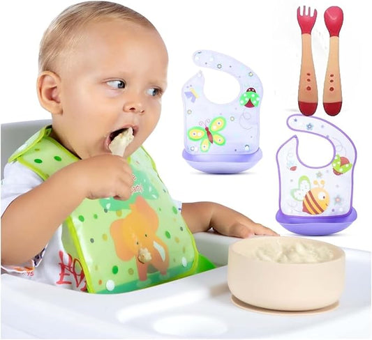 Baby & Toddler Essentials: 3 Gender Neutral Bibs with Temperature Sensitive Spoon and Fork - Washable, Removable/Detachable Food & Drool Catcher, Adjustable Snaps - Cartoon & Animal Graphics.