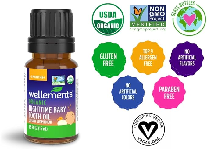 Wellements Organic Nighttime Baby Tooth Oil for 4 Months+ (0.5 Fl Oz) - Baby Teething Relief Oil* for Soothing & Massage for Tiny Gums* - Organic Blend of Essential Oils & Sleepy Time Herbs*