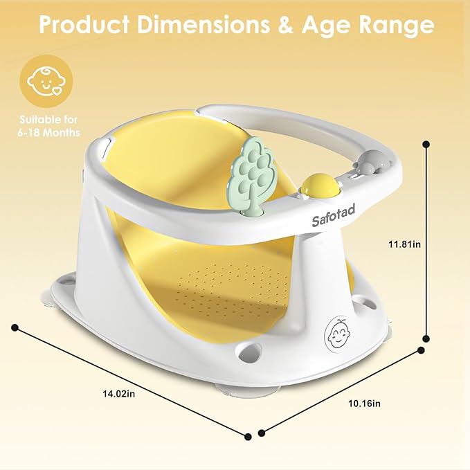 Baby Bath Seat with Bath Cap, Comfortable Baby Bath Chair for Babies 6 Months & up, Infant Bath Seat with Soft Cushion & Suction Cups, Non-Slip Bath Seats for Babies Sitting Up, Yellow