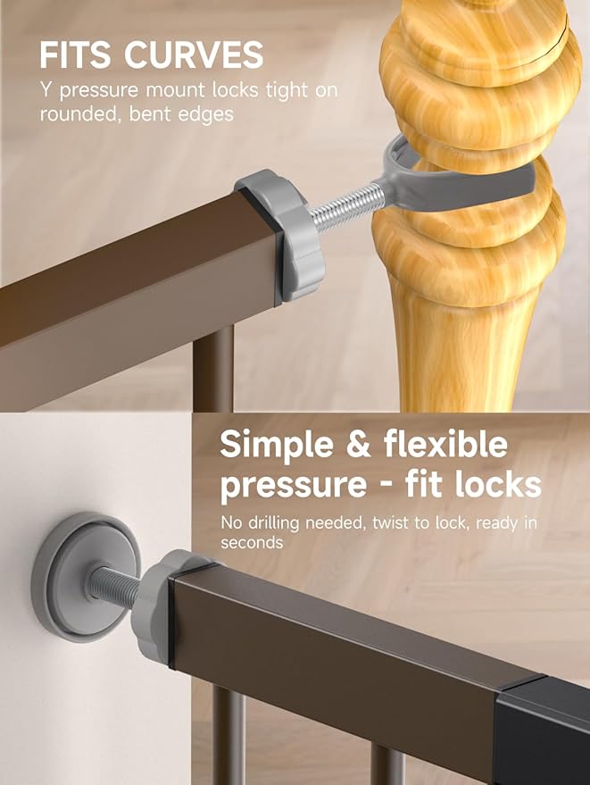 Baby Gate for Stairs, 30'' Tall 29.5-46" Extra Wide Dog Gate for Stairs Walk Thru Auto Close Metal Pet Gate for The House, Stairs and Doorways Child Gate Pressure Mounted Safety Gate Indoor - Brown