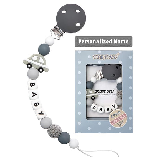 Personalized Pacifier Clip with Name for Baby, Customized Pacifier Clip Fits All Pacifiers, Baby Birthday Christmas Gift for Boys and Girls, Car (Grey)