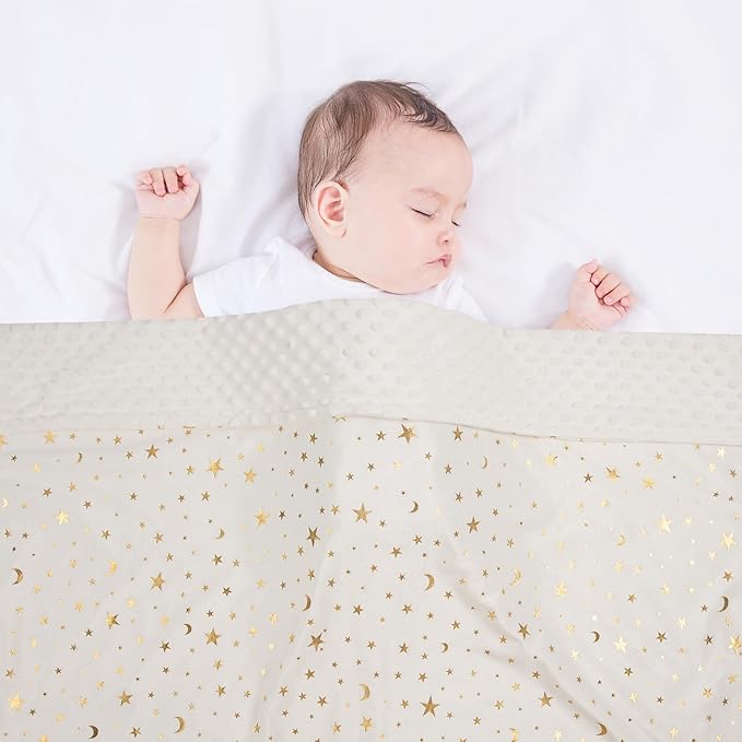 Baby Blanket for Boys Girls Soft Minky with Double Layer Dotted Backing, Star and Moon Printed 30 x 40 Inch Receiving Blanket (Beige)