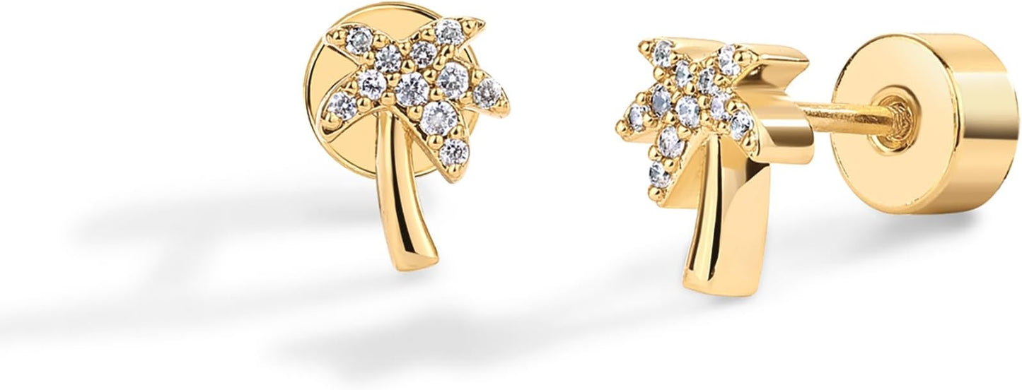 PAVOI 14K Gold Plated Dainty Flat Back Earrings for Women - Hypoallergenic Sterling Silver Posts Helix Cartilage Piercing Jewelry - Emoji Motif Bow Celestial Flatback Gold Stud Earrings Screw Back