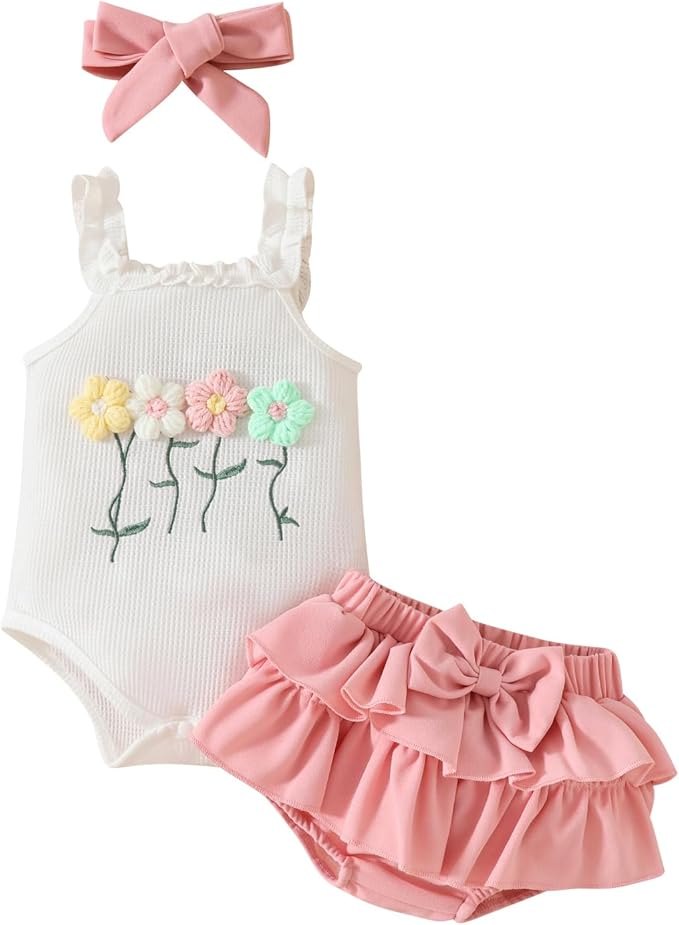 Kaipiclos Cherry Baby Outfit Newborn Infant Girl Clothes Rib Knit Romper & Shorts Waffled Baby Clothes for Girls 0 3 6 12 18M