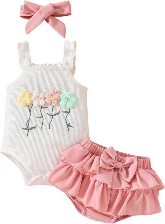 Kaipiclos Cherry Baby Outfit Newborn Infant Girl Clothes Rib Knit Romper & Shorts Waffled Baby Clothes for Girls 0 3 6 12 18M