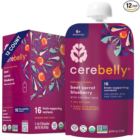 Cerebelly Organic Baby Food Pouches – Organic Veggie Purees for Toddlers | No Added Sugar, Fiber, Non-GMO | Blended Toddler Food | 4oz BPA-Free Baby Food | Beet Carrot Blueberry | 12 Count