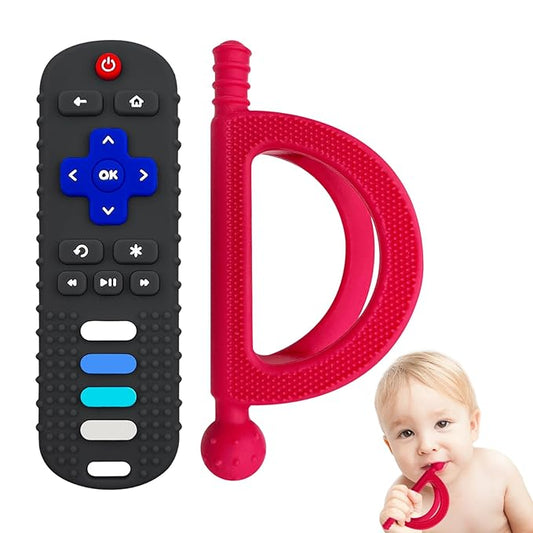 2 Pack Baby Teething Toys, Food Grade Silicone Teethers for Babies 18+ Months, TV Remote Shape Teething Toy and A New Type Grip Teether, Chew Toys for Boys and Girls, Freezer BPA Free