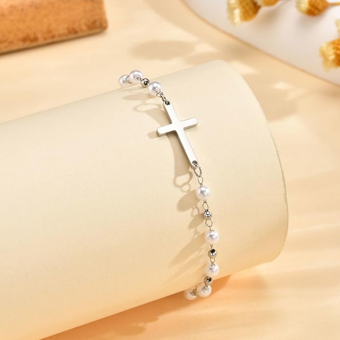 Baby Baptism Cross Bracelet Gift : 18k Gold Plated/Silver Delicate Pearl Cross Bracelets Kids Daughter Granddaughter Birthday First Communion Confirmation Gifts Christian Jewelry for Boys Girls