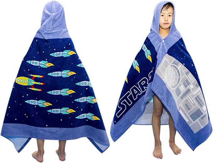 BANGSAUR Kids Hooded Beach Bath Towels, 100% Cotton 50"x30" Wrap Towel, Toddlers Boys 3-12 Years Coverup Towel Stars