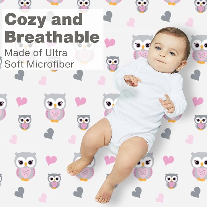 EVERYDAY KIDS Baby Girl Fitted Crib Sheet Sweet Owls, 100% Soft Breathable Microfiber Baby Sheet, Fits Standard Size Crib Mattress 28in x 52in, Nursery Sheet