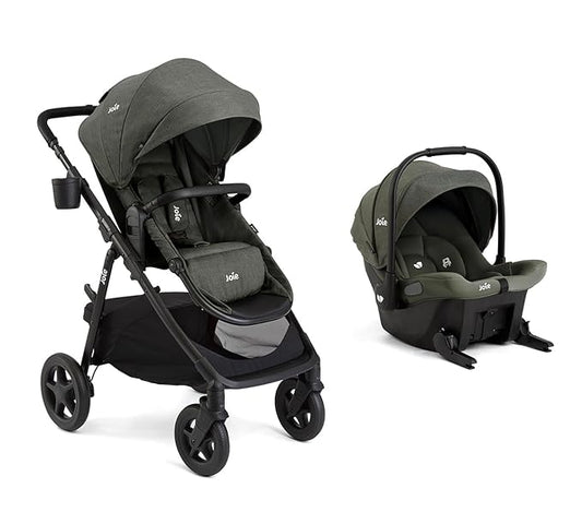 Joie Ginger and Mint Latch Travel System – 4-in-1 Travel System with Base-Free Infant Car Seat & Stroller, Built-in Latch for Easy Install and an Included All-Terrain Stroller (Evergreen)