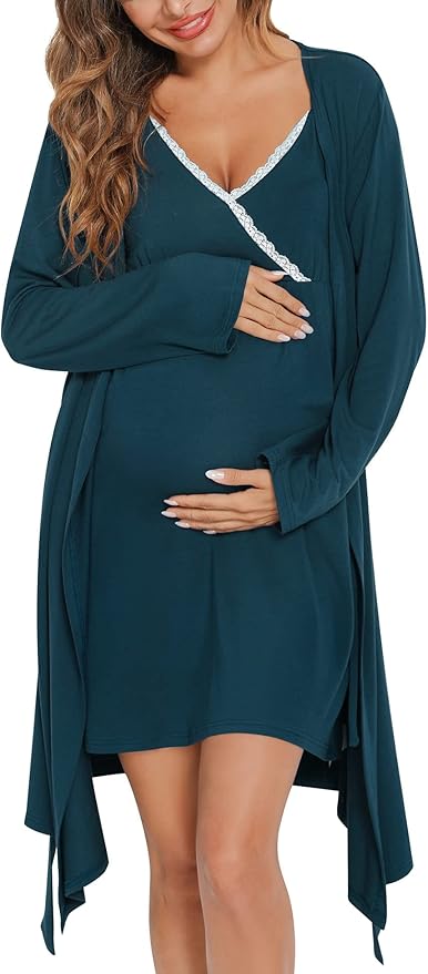 SWOMOG Womens Maternity Robe 2 Piece Nursing Nightgown for Breastfeeding 3 in 1 Labor Delivery Nursing Dress Lace Bathrobe