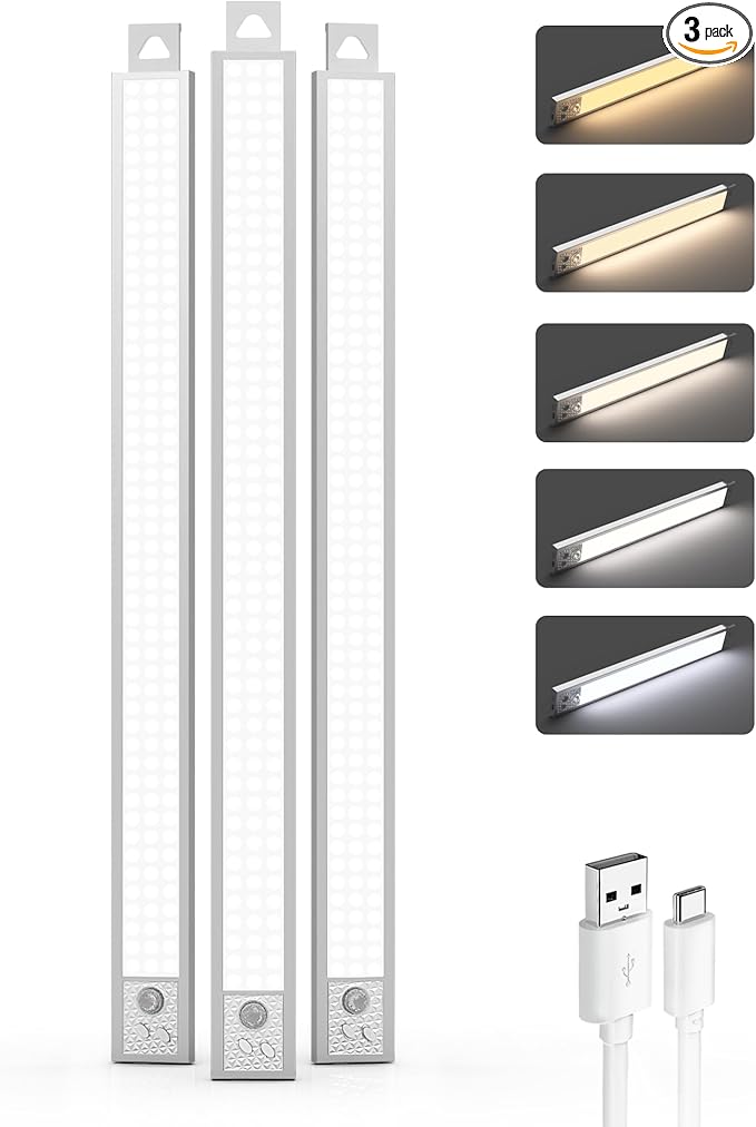 20 Inch Under Cabinet Lighting, 3Pack 5CCT Dimmable Closet Lights, Motion Sensor LED Lights of Battery Operated, Rechargeable Under Counter Light for Kitchen, Stairs, Bedroom, Wardrobe