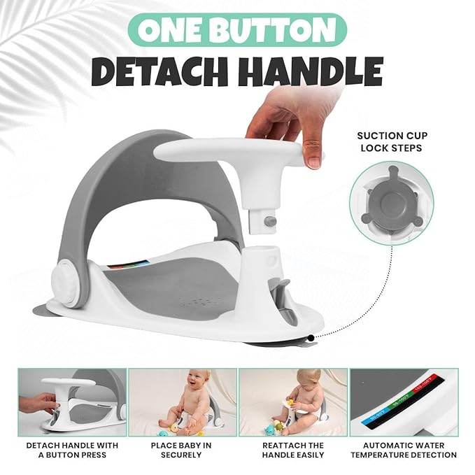 Baby Bath Seat for Babies 6 Months & Up Sitting Up | Non-Slip Bath Seat with Safety Suction Cups & Temperature Alert, Baby Bath Seat for Tub, Shower & Bathtub (Grey)