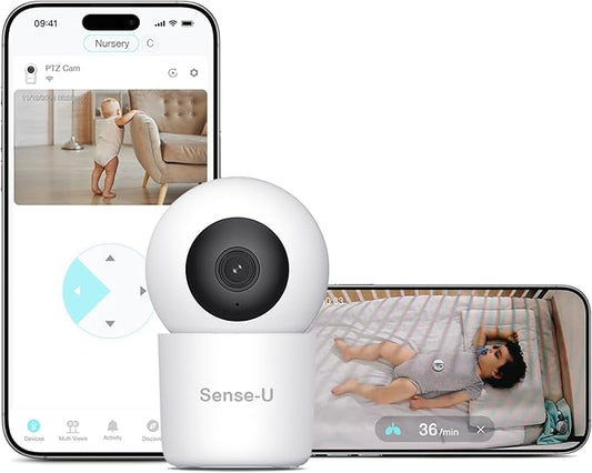 Sense-U AI 2K PTZ Baby Camera Monitor with Sensor-Free Sleep Breathing Movement Detection, Smart Security Indoor Video Camera with Background Audio, Sound Detection, No Monthly Fee, for Peace of Mind