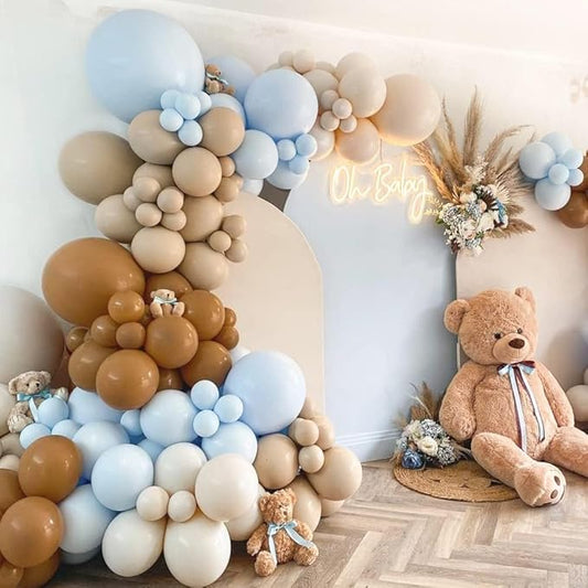 Brown And Blue Balloon Garland Double Stuffed Nude Tan Light Blue Beige Latex Balloon Arch Kit for Neutral Baby Shower Teddy Bear Gender Reveal Wedding Birthday Party Decorations