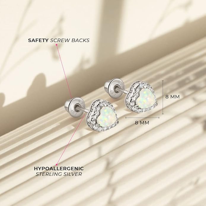 925 Sterling Silver White Simulated Opal Birthstone Heart Safety Screw Back Earrings for Little Girls, Pre-Teens and Teens 8mm - Beautiful Heart Shaped Earrings with CZ Stones