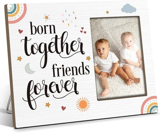 Twins Baby Picture Frame, Born Together Friends Forever, Photo Frame for New Baby, New Baby Gift Twin Baby Gifts for New Mom Dad, 4x6 Wooden Photo Frame For Wall Tabletop Display /021