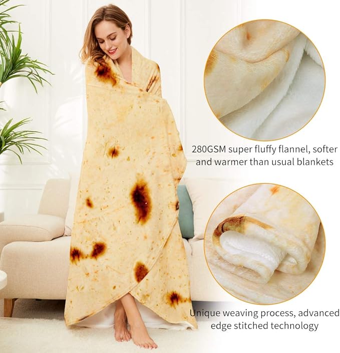 Burrito Tortilla Throw Blanket,2.0 Double Sided Burritos Taco Tortilla Wrap Blankets,Giant Funny Realistic Flannel Food Round Blankets,Funny Gifts for Kids Newborn Toddler Dog Cat Baby Shower 47in