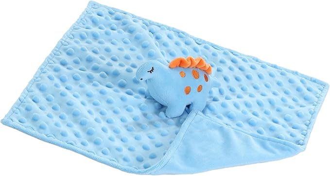 CREVENT Cozy Plush Baby Security Blanket Loveys for Baby Boys, Minky Dot Front + Sherpa Backing with Animal Face (Blue Dinosaur)