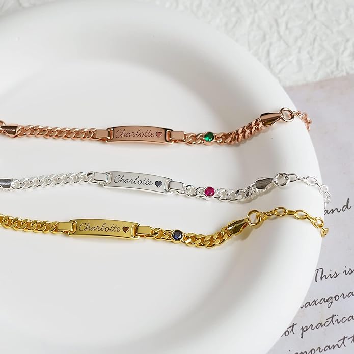 Custom Baby Birthstone Bracelets with Name for Infant Girls, Personalized 18K Gold Plated Bracelet Engraved Name Baby Birthday Gifts for Boys, Kids Jewelry for Girls