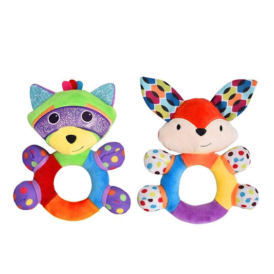 Teething Rattle Toys, Infant Girl Boy Learning Toy Newborn Soft Handbell Grab Shaker Crinkle Squeaky Sensory Travel Accessories for 0 3 6 9 12 Months Old